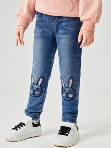 Vaqueros Bordados De Conejo De Dibujos Animados De Niña Joven - Azul lavado medio - Ver 1