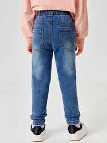 Vaqueros Bordados De Conejo De Dibujos Animados De Niña Joven - Azul lavado medio - Ver 2