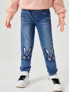 Vaqueros Bordados De Conejo De Dibujos Animados De Niña Joven - Azul lavado medio - Ver 4