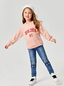 Vaqueros Bordados De Conejo De Dibujos Animados De Niña Joven - Azul lavado medio - Ver 6