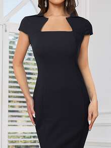 Vestido de trabajo formal de cuello cuadrado bajo con abertura Vendaje Vestido de trabajo - Negro - Ver 4