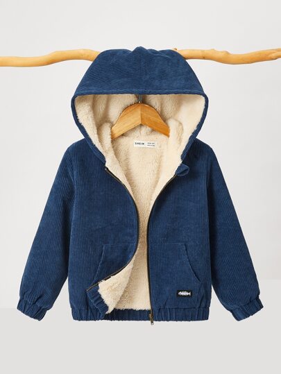 SHEIN 小男童魚骨補丁貼毛絨內襯連帽夾克