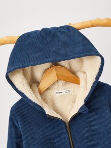 SHEIN 小男童魚骨補丁貼毛絨內襯連帽夾克