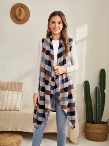 EMERY ROSE 1 pieza Chaleco con estampado de cuadros y bajo asimétrico para otoño/invierno - Multicolor - Ver 1