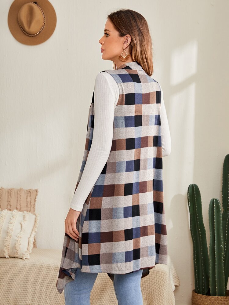 EMERY ROSE 1pc Plaid Asymmetrical Hem Vest Coat In Fall/Winter - Multicolor - View 2