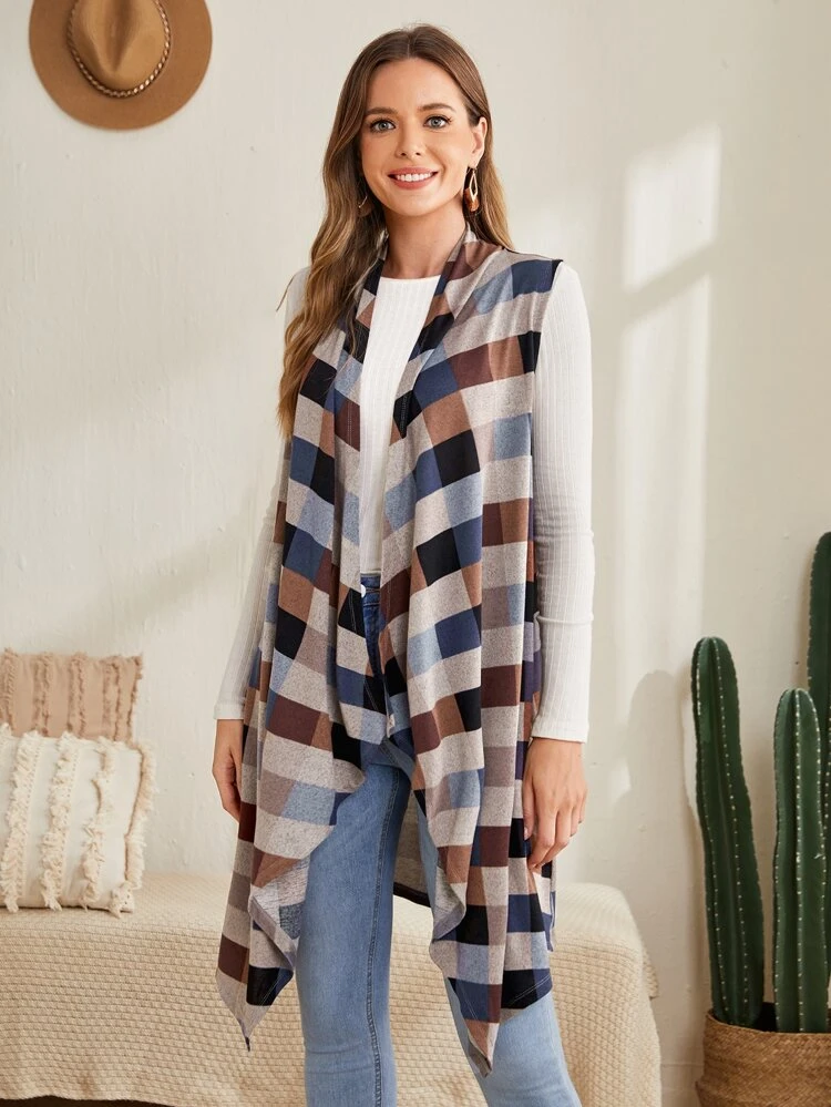 1pc Plaid Asymmetrical Hem Vest Coat In Fall/Winter