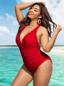 Swim Lushoire Summer Beach Plus Solid Ruched One Piece Swimsuit - Red - View 3