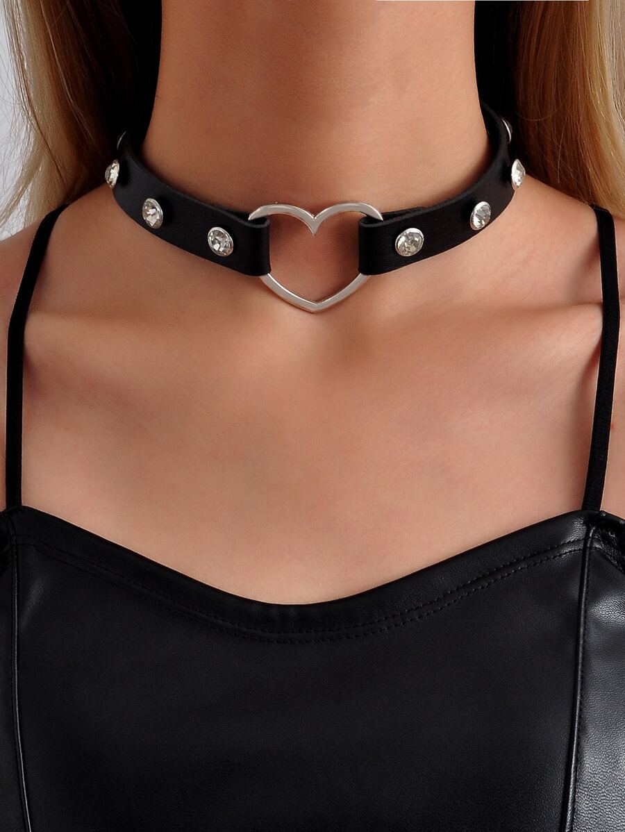 Heart & Rhinestone Decor Choker - màu đen - Xem 1
