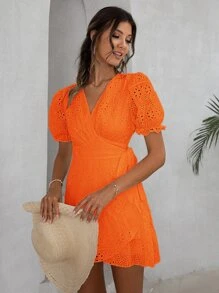 Simplee Neon Orange Eyelet Embroidered Puff Sleeve Ruffle Trim Tie Side Wrap Dress - Orange - View 1