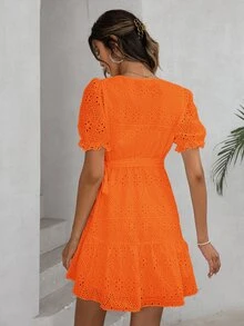 Simplee Neon Orange Eyelet Embroidered Puff Sleeve Ruffle Trim Tie Side Wrap Dress - Orange - View 2