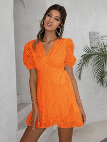 Simplee Neon Orange Eyelet Embroidered Puff Sleeve Ruffle Trim Tie Side Wrap Dress - Orange - View 3