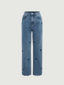 SHEIN MOD Bow Embroidery Straight Leg Jeans - Medium Wash - View 2
