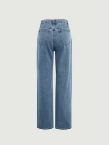 SHEIN MOD Bow Embroidery Straight Leg Jeans - Medium Wash - View 5