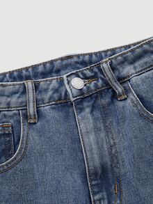 SHEIN MOD Bow Embroidery Straight Leg Jeans - Medium Wash - View 3