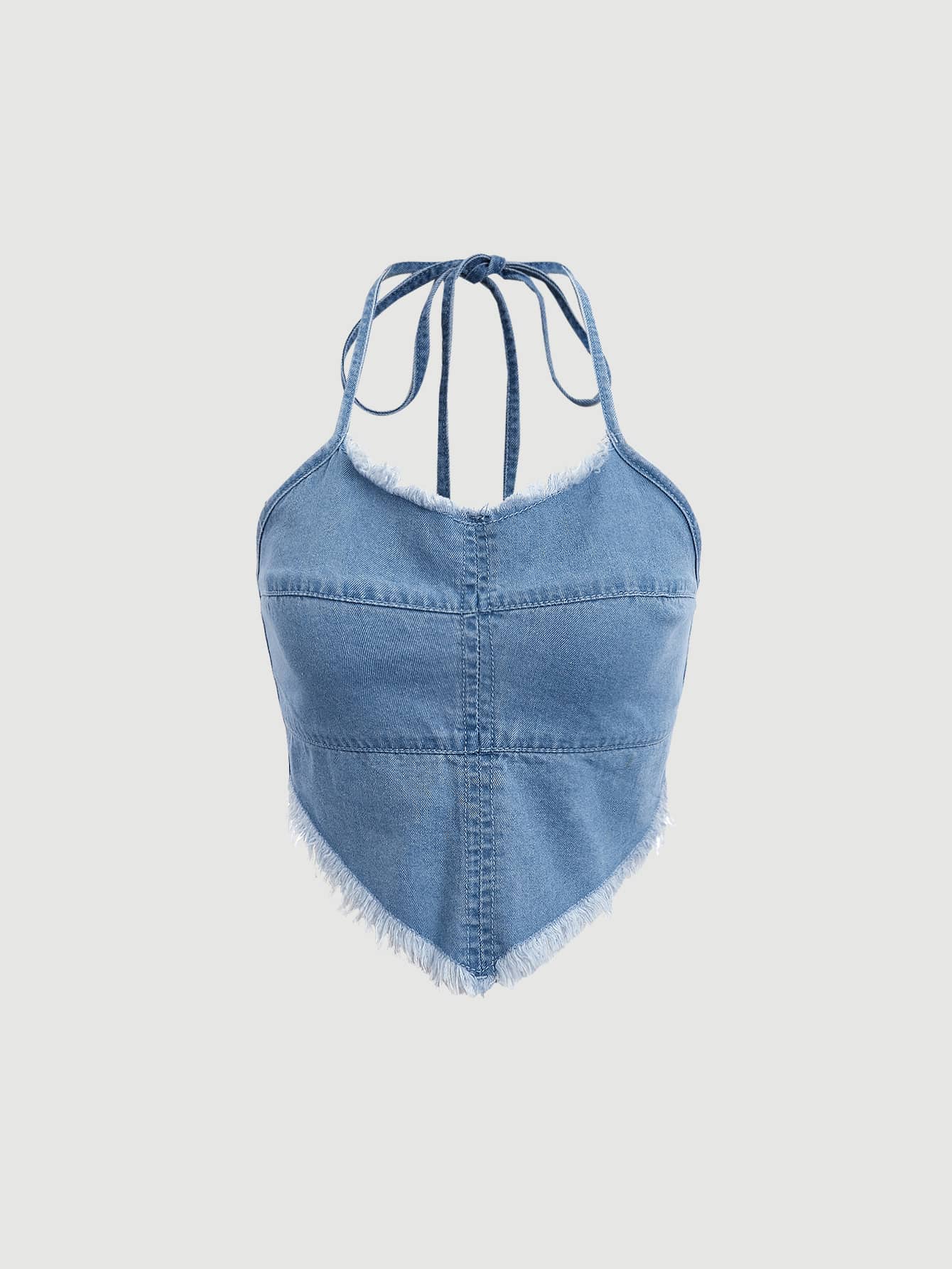 SHEIN MOD Raw Cut Hanky Hem Backless Knot Halter Denim Top - Light Wash - View 1