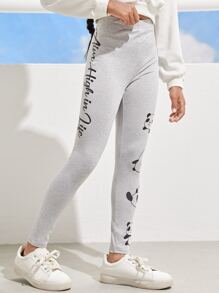 SHEIN Niñas Leggings con estampado de slogan y dibujos animados - Gris Claro - Ver 2