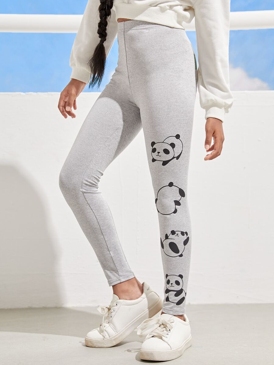 SHEIN Niñas Leggings con estampado de slogan y dibujos animados - Gris Claro - Ver 1