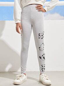 SHEIN Niñas Leggings con estampado de slogan y dibujos animados - Gris Claro - Ver 4