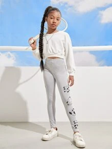 SHEIN Niñas Leggings con estampado de slogan y dibujos animados - Gris Claro - Ver 5