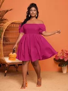 Slaydiva 大碼一字肩泡泡袖連衣裙