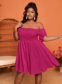 Slaydiva 大碼一字肩泡泡袖連衣裙