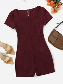 SHEIN Unity Plus Notched Neck Tee Romper - Maroon - View 1