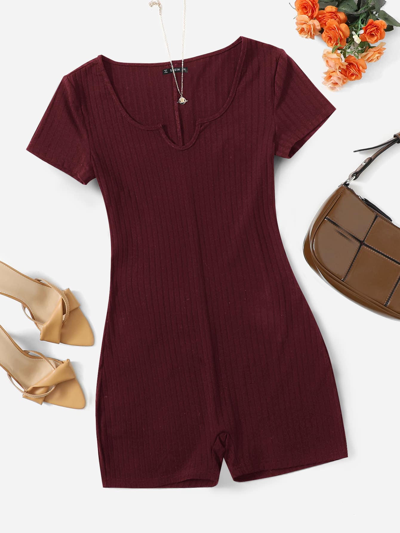 SHEIN Unity Plus Notched Neck Tee Romper - Maroon - View 1