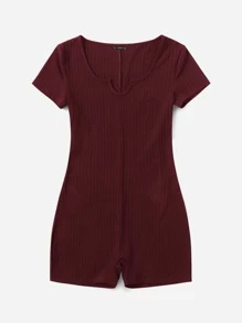 SHEIN Unity Plus Notched Neck Tee Romper - Maroon - View 3