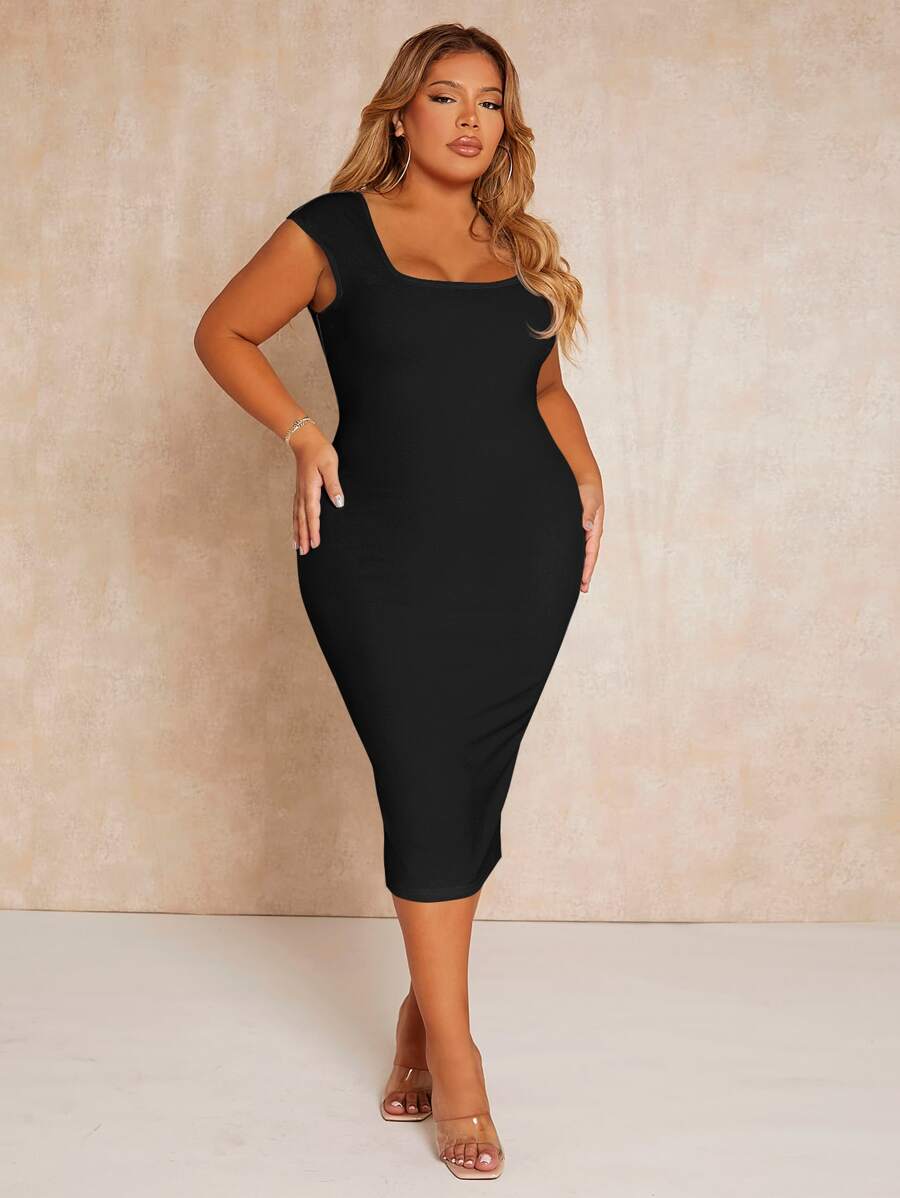 SHEIN SXY Plus Square Neck Split Back Bodycon Dress - Black - View 1