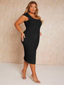 SHEIN SXY Plus Square Neck Split Back Bodycon Dress - Black - View 3