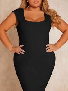SHEIN SXY Plus Square Neck Split Back Bodycon Dress - Black - View 5