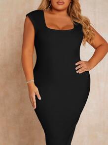 SHEIN SXY Plus Square Neck Split Back Bodycon Dress - Black - View 6
