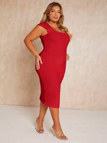 SHEIN SXY 大碼方領緊身連衣裙 - 紅色 - 查看 3