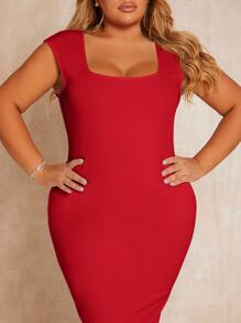 SHEIN SXY 大碼方領緊身連衣裙 - 紅色 - 查看 5