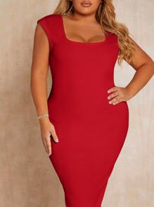 SHEIN SXY 大碼方領緊身連衣裙 - 紅色 - 查看 6