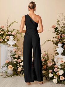 SHEIN Belle One Shoulder Wide Leg Jumpsuit - Black - View 2