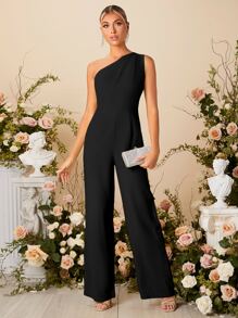 SHEIN Belle One Shoulder Wide Leg Jumpsuit - Black - View 3