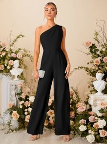 SHEIN Belle One Shoulder Wide Leg Jumpsuit - Black - View 4