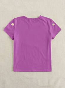 SHEIN EZwear 花卉刺繡短袖T恤 - 紫色 - 查看 3