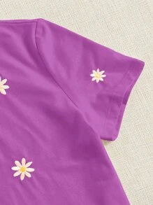 SHEIN EZwear 花卉刺繡短袖T恤 - 紫色 - 查看 4