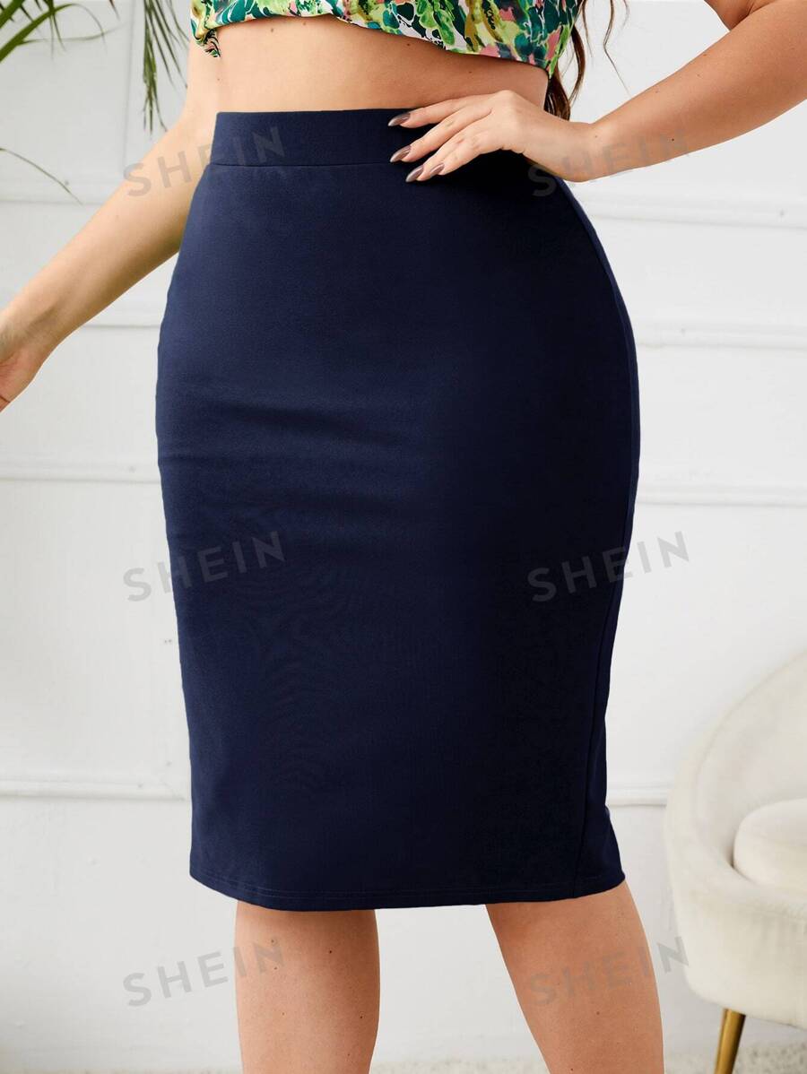 SHEIN Privé Plus fustă cu tăietură în spate cu talie înaltă - Albastru marin - Vizualizare 1