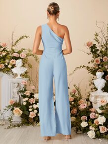 SHEIN Belle One Shoulder Wide Leg Jumpsuit - Baby Blue - View 2
