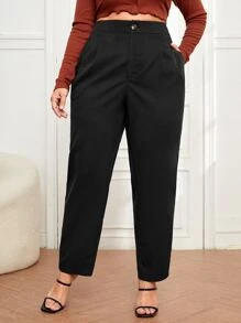 SHEIN Essnce Plus Size Suit Pants Nút Túi Dây kéo màu trơn - màu đen - Xem 1