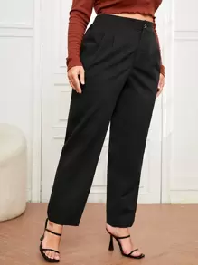 SHEIN Essnce Plus Size Suit Pants Nút Túi Dây kéo màu trơn - màu đen - Xem 3