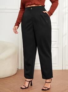 SHEIN Essnce Plus Size Suit Pants Nút Túi Dây kéo màu trơn - màu đen - Xem 4