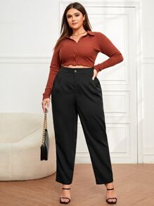 SHEIN Essnce Plus Size Suit Pants Nút Túi Dây kéo màu trơn - màu đen - Xem 5