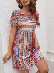 SHEIN VCAY Geo Print Batwing Sleeve Dress - Multicolor - View 3