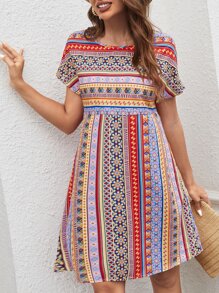 SHEIN VCAY Geo Print Batwing Sleeve Dress - Multicolor - View 4