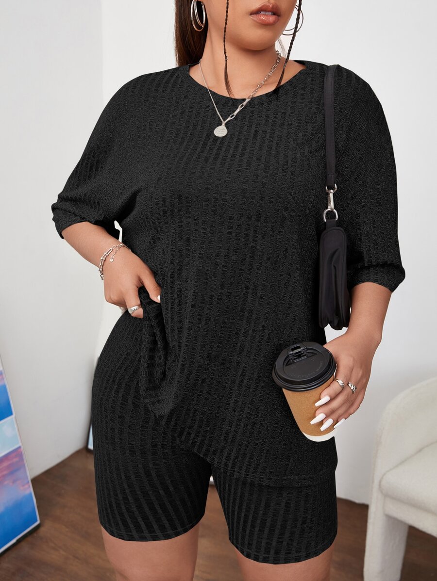 SHEIN EZwear Plus Space Dye Drop Shoulder Tee & Shorts - Black - View 1