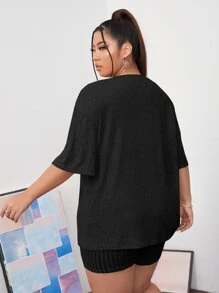 SHEIN EZwear Plus Space Dye Drop Shoulder Tee & Shorts - Black - View 2